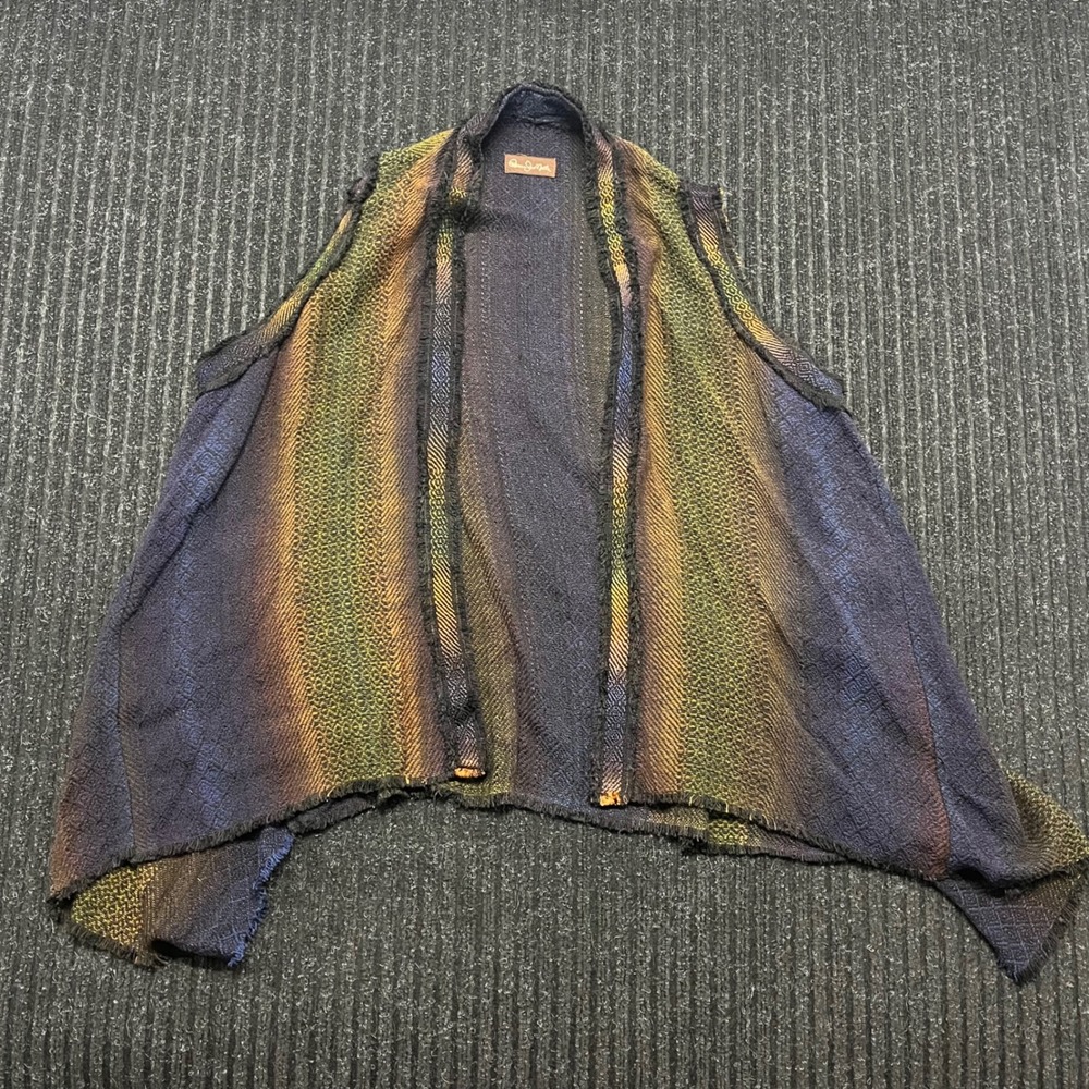 Rebecca Jane Molle Woven Ombre Vest Open Front Frayed Boho Jacquard Purple Green